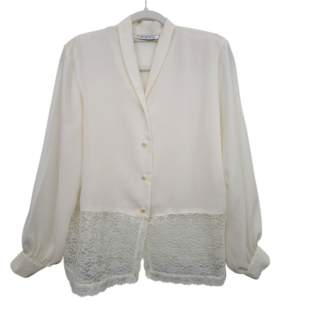 Chaus Off White Ivory Sheer Lace Balloon Sleeve Shoulder Pads Button Blouse Sz 6